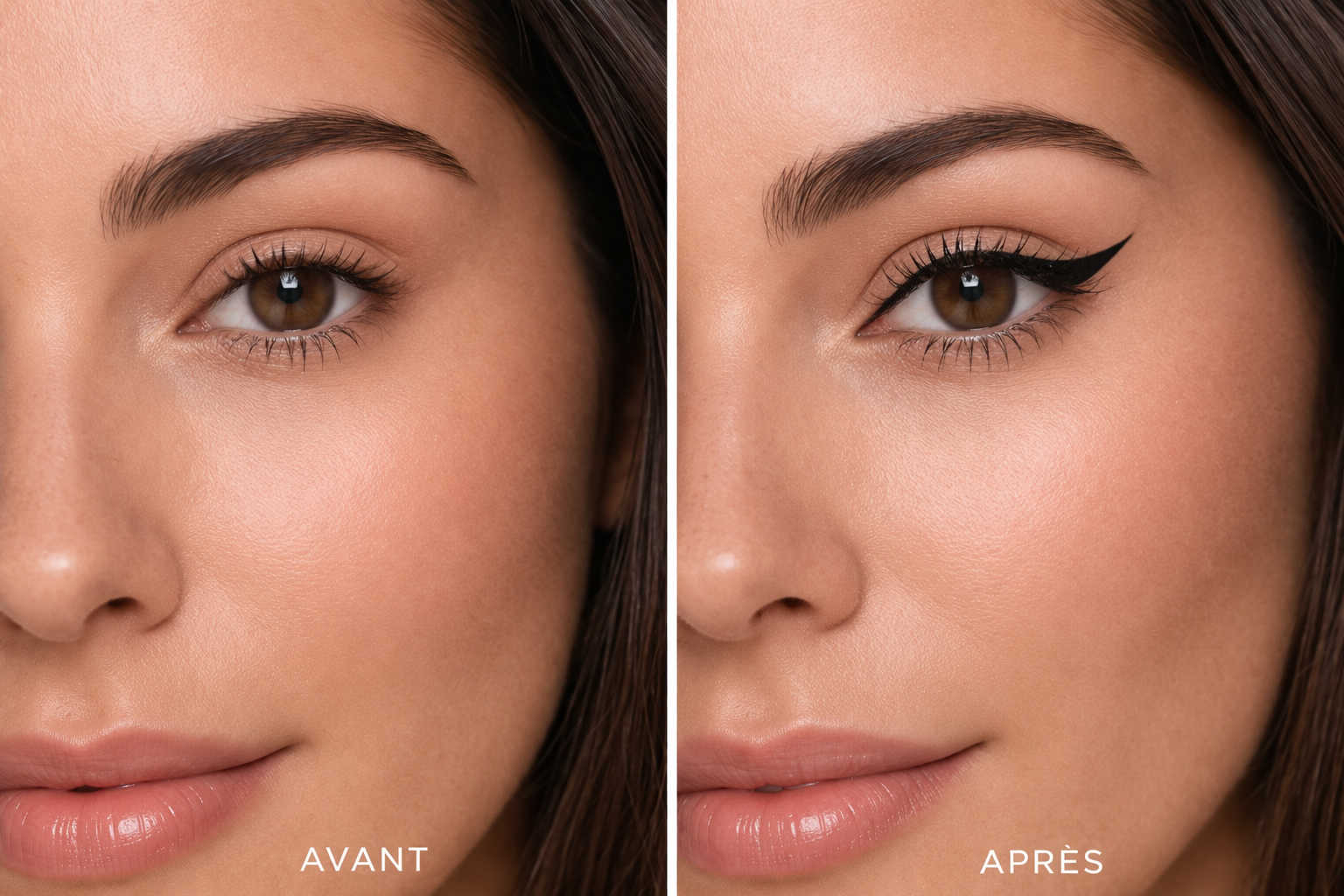 Comparaison avant après - trait d'eyeliner avec et sans tampon eyeliner