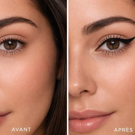 Comparaison avant après - trait d'eyeliner avec et sans tampon eyeliner